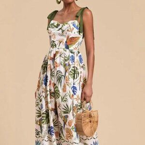Tropical Print Tie-Shoulder Sweetheart Neck Midi Dress | Formal Sleeveless Dress
